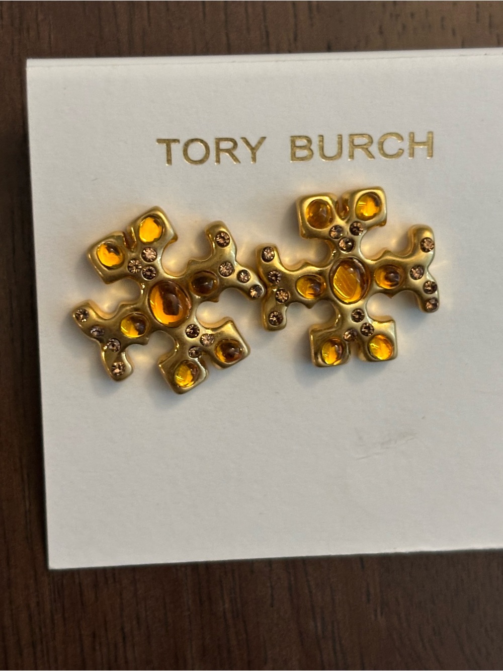 Tory Burch Gold-Tone Logo Earrings with Amber Stones, brand new